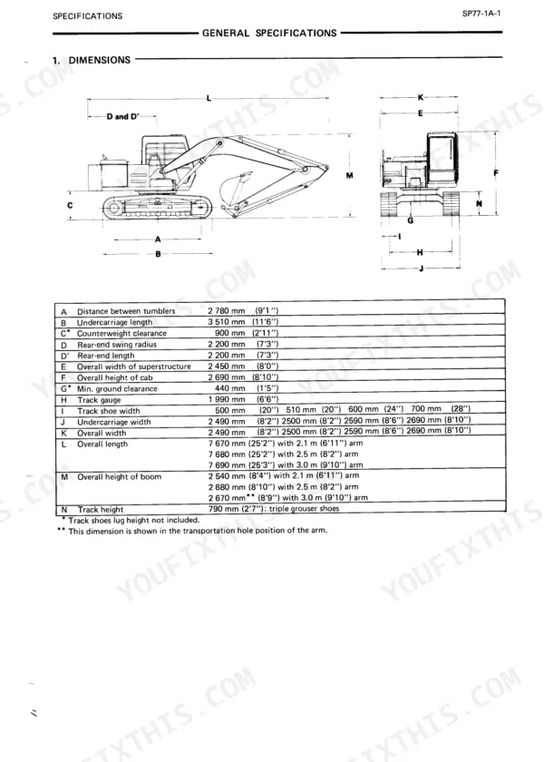 Hitachi EX120 excavator general dimensions diagram and specifications table for machine length, width, and height.