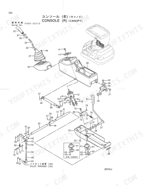 Hitachi EX15-2 exploded view of the right console and canopy pilot piping components and control linkages.