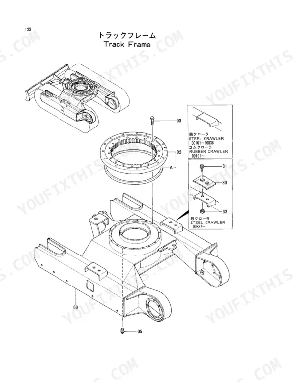 Hitachi EX15 exploded view of track frame, swing bearing, and steel or rubber crawler components.