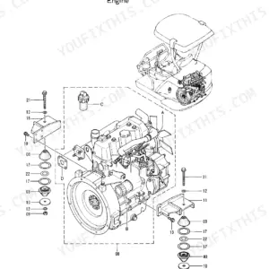 Hitachi EX15 engine exploded view showing engine mounting components, brackets, bolts, and vibration isolator mounts.