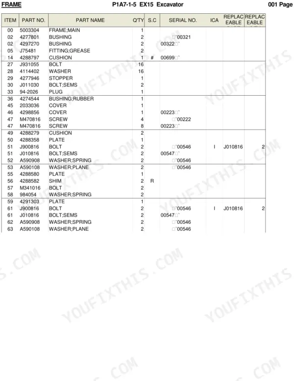 Hitachi EX15 parts list table for main frame components including bushings, bolts, washers, and covers with part numbers.