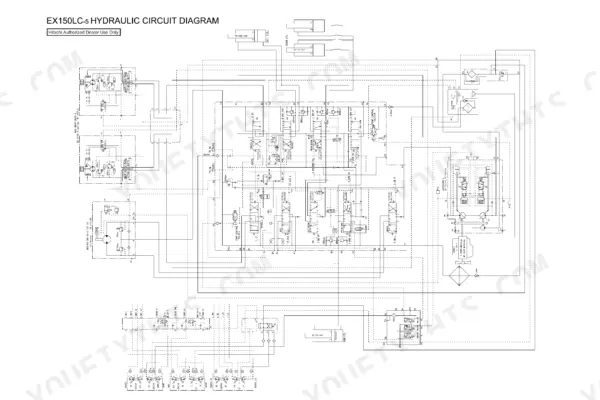 Hitachi EX150LC-5, EX160LC-5 hydraulic circuit diagram showing pumps, control valves, and cylinder connections.