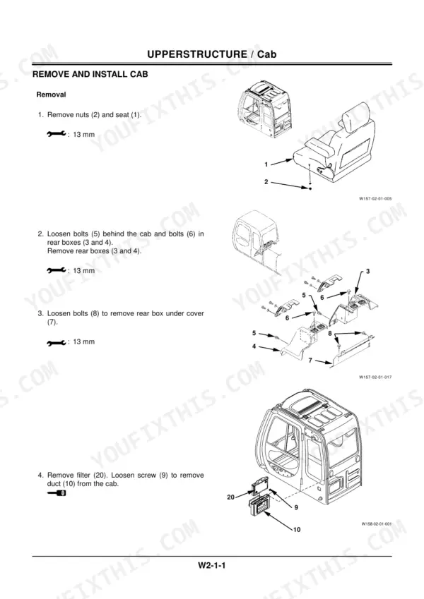 Hitachi EX150LC-5, EX160LC-5 procedure for removing and installing cab seat, rear boxes, and air filter duct.
