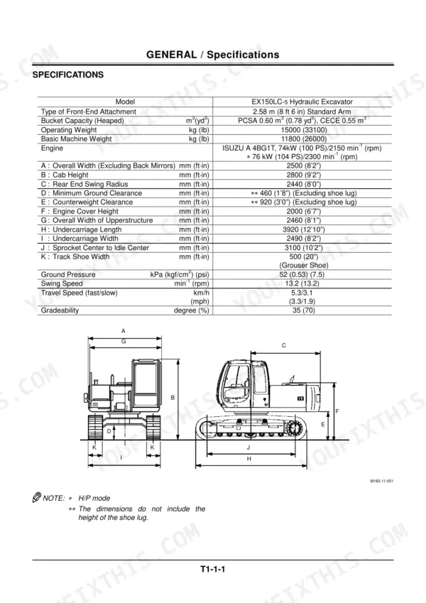 Hitachi EX150LC-5, EX160LC-5 general specifications table and dimensional diagram for hydraulic excavator.