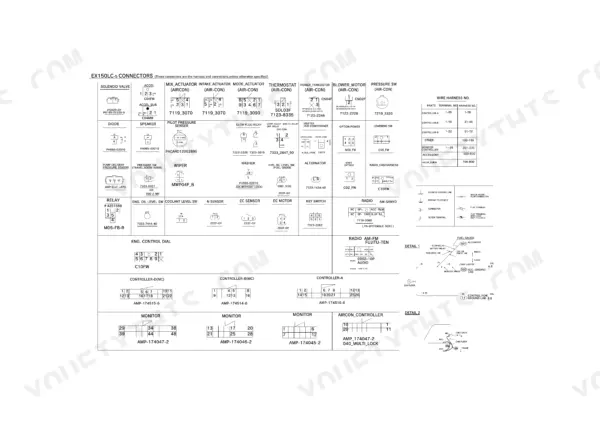 Hitachi EX150LC-5, EX160LC-5 wiring connector pinout diagrams, harness identification table, and electrical system details.