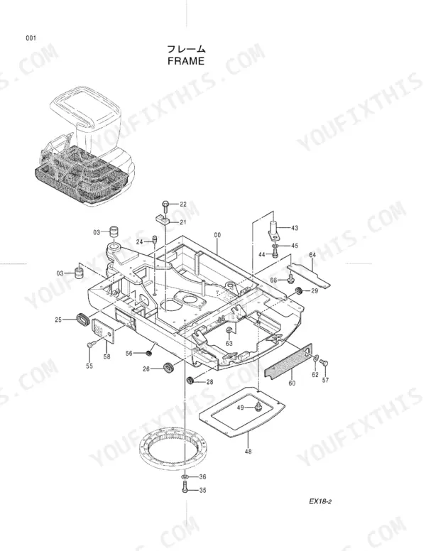 Hitachi EX18-2 exploded view diagram of the main frame assembly, including swing bearing, mounting bolts, and covers.