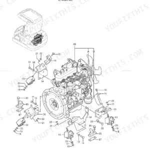 Hitachi EX18-2 engine exploded view diagram showing engine mounts, brackets, and hardware assembly components.