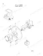 hitachi-ex18-2-hydraulic-excavator-parts-catalog-p1aw-1-2-hydraulic-parts-25.webp Hitachi EX18-2 pump device exploded view showing hydraulic pump, housing, coupling, and mounting hardware components.