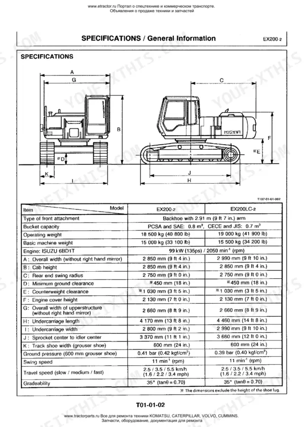 Hitachi EX200-2 specifications table and machine dimension diagrams for operating weight and engine data.