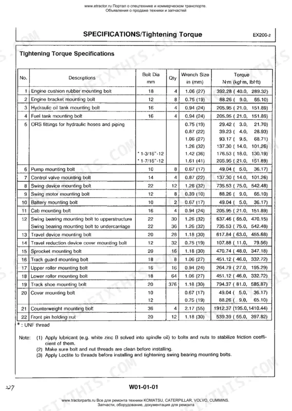 Hitachi EX200-2 tightening torque specifications table for engine, hydraulic, swing, and undercarriage bolts.