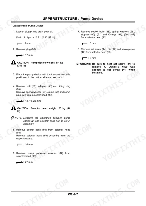 Hitachi EX200-5, EX120-5 pump device upperstructure disassembly procedure steps and component removal instructions.
