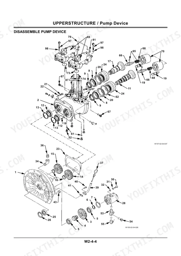 Hitachi EX200-5, EX120-5 exploded view diagram for disassembling the hydraulic pump device and gear pump components.