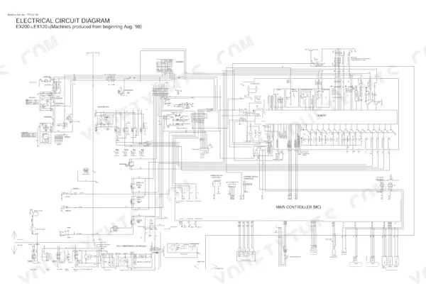 Hitachi EX200-5, EX120-5 electrical circuit diagram showing main controller, monitor, and cab wiring connections.