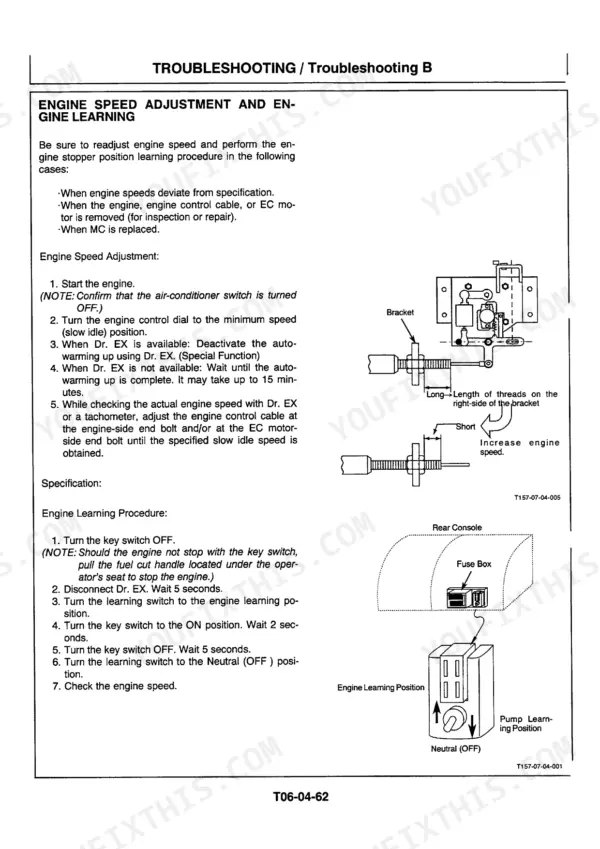 Hitachi EX200-5, EX200LC-5 engine speed adjustment and engine learning procedure with cable and switch diagrams.