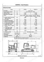 Hitachi EX200-5, EX200LC-5 general specifications table and base machine dimension diagram with labeled measurements.
