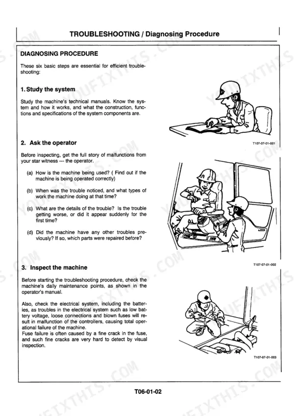 Hitachi EX200-5, EX200LC-5 troubleshooting manual page showing three basic steps for diagnosing machine malfunctions.