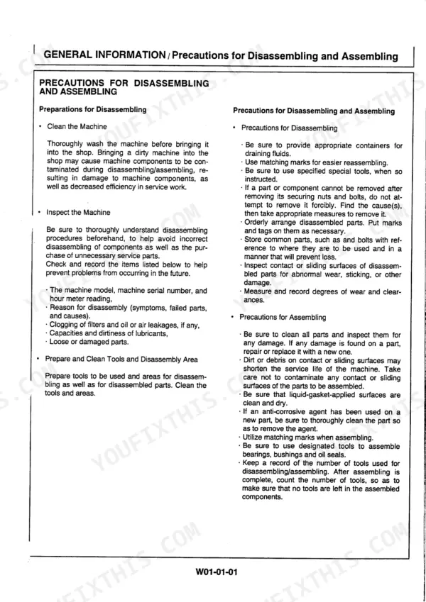 Hitachi EX20UR-2, EX30UR-2, EX40UR-2, Excavator service manual page detailing precautions for disassembling and assembling.