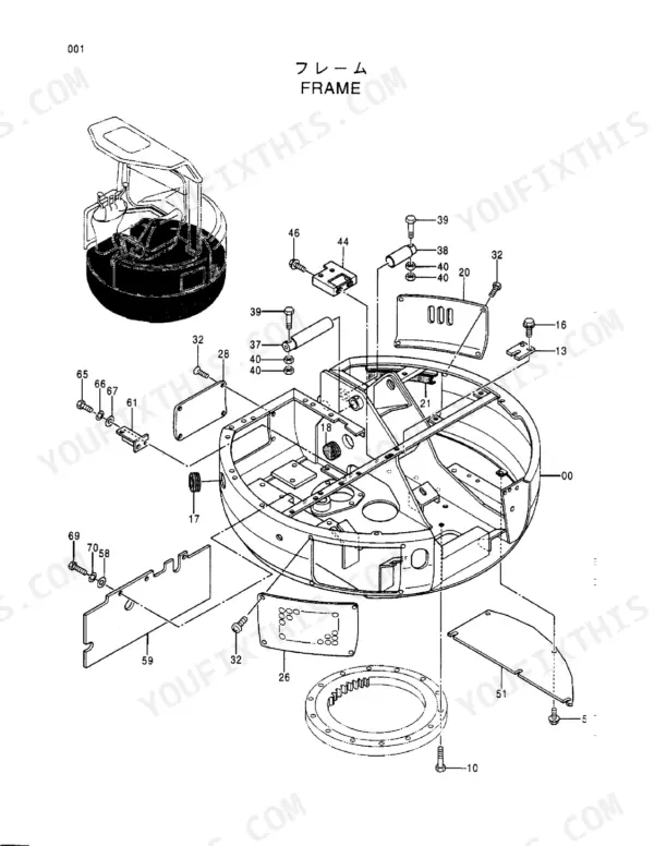 Hitachi EX20UR-2 exploded view diagram of the main frame assembly, including mounting hardware, covers, and swing bearing.