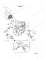 Hitachi EX20UR-2 engine exploded view showing engine mounts, brackets, and pump device mounting hardware.