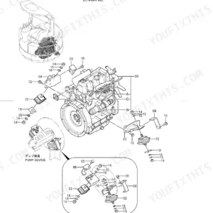 Hitachi EX20UR-2 engine exploded view showing engine mounts, brackets, and pump device mounting hardware.