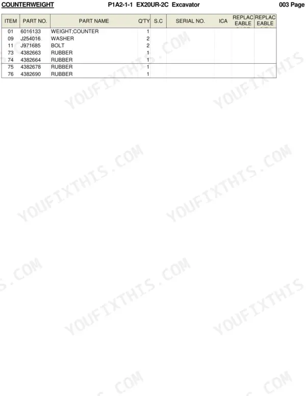 Hitachi EX20UR-2C parts list table for counterweight components including bolts, washers, and rubber mounts.