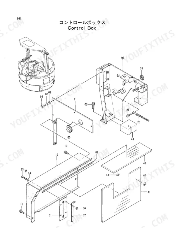 Hitachi EX20UR exploded view diagram of the control box assembly, showing mounting brackets, panels, and hardware.