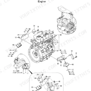 Hitachi EX20UR engine mounting exploded view showing engine block, pump device, brackets, and hardware components.