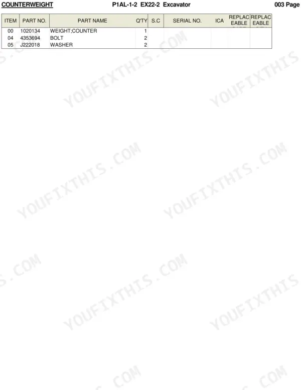 Hitachi EX22-2 parts list table for counterweight components including counterweight, bolt, and washer part numbers.