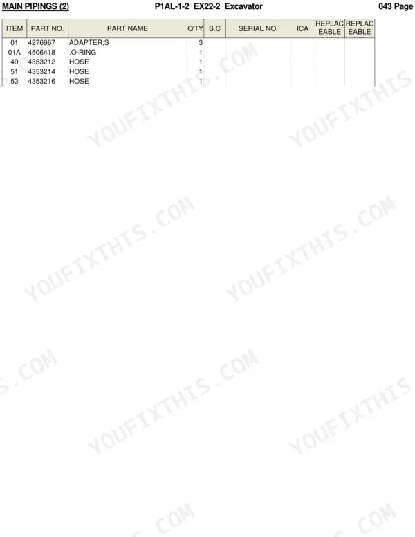 Hitachi EX22-2 parts list table for main pipings showing adapters, o-rings, and hoses with part numbers.