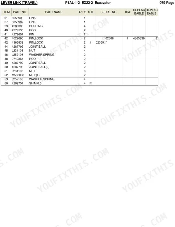 Hitachi EX22-2 parts list table for travel lever link components including rods, bushings, pins, and ball joints.