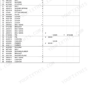Hitachi EX22-2 parts list for main frame components including bolts, bushings, covers, and cushions.