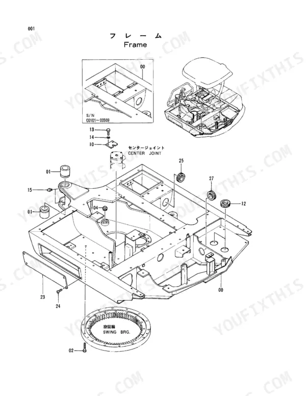 Hitachi EX22 exploded view of the main frame, swing bearing, center joint, and mounting components.