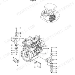 Hitachi EX22 engine exploded view showing engine mounting brackets, rubber cushions, and hardware components.
