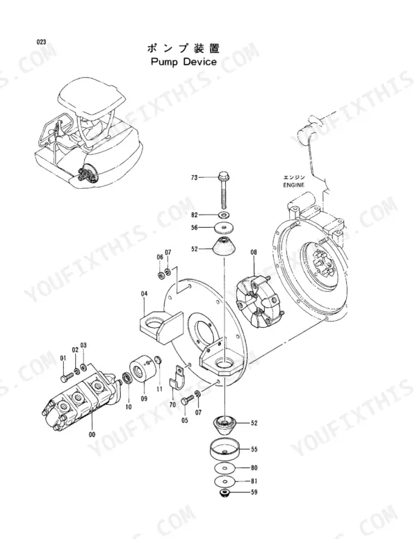 Hitachi EX22 exploded view of the pump device showing hydraulic pump, engine coupling, and mounting components.
