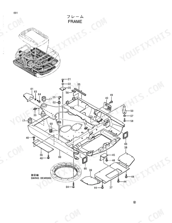 Hitachi EX25-2 exploded view diagram of the main frame and swing bearing assembly with numbered parts list components.