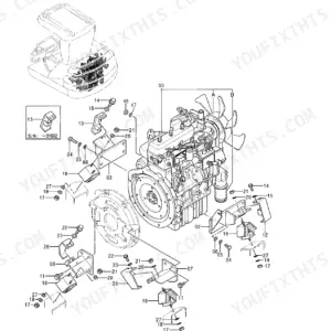 Hitachi EX25-2 engine exploded view showing engine mounts, brackets, and hardware assembly components.