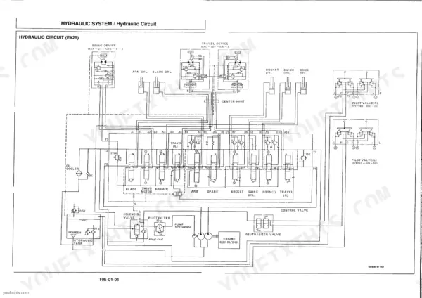 Hitachi EX25, EX35, EX40, Excavator hydraulic circuit diagram showing control valve, pump, and pilot valve systems.