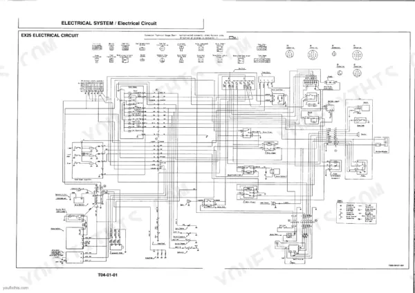 Hitachi EX25, EX35, EX40, Excavator electrical system wiring diagram showing circuit connections and terminal chart.
