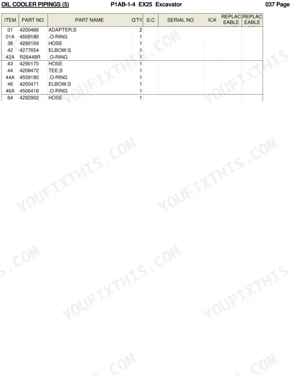 Hitachi EX25 parts list table for oil cooler pipings, including part numbers for adapters, hoses, elbows, and O-rings.