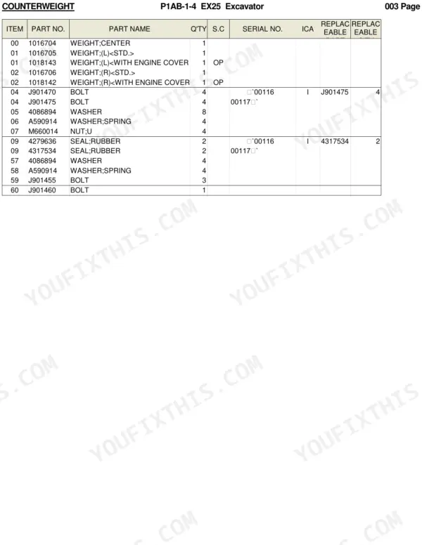 Hitachi EX25 parts list table for counterweight components, including weights, bolts, washers, nuts, and rubber seals.