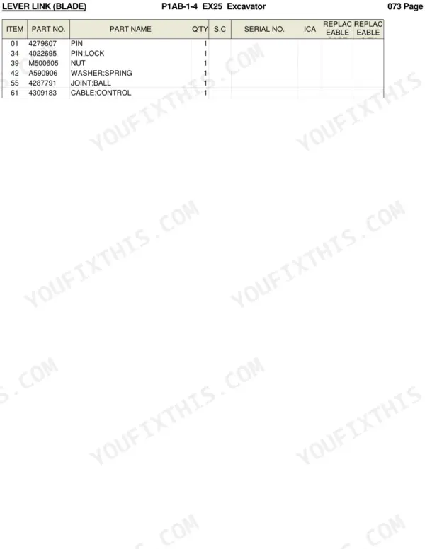 Hitachi EX25 parts list for blade lever link, including pins, nuts, washers, ball joints, and control cables.