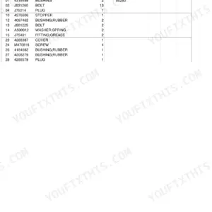 Hitachi EX25 parts list table for main frame components including bushings, bolts, stoppers, and grease fittings.