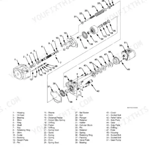 Hitachi EX27u, 35u exploded view diagram for pump device disassembly, showing internal components and parts list.