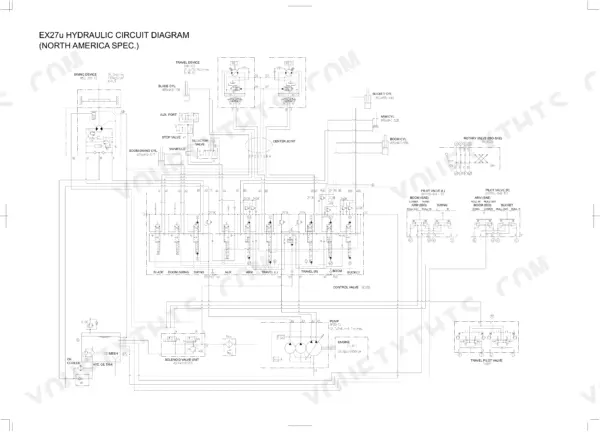 Hitachi EX27u, 35u hydraulic circuit diagram for North America spec showing control valve, pump, and pilot valves.