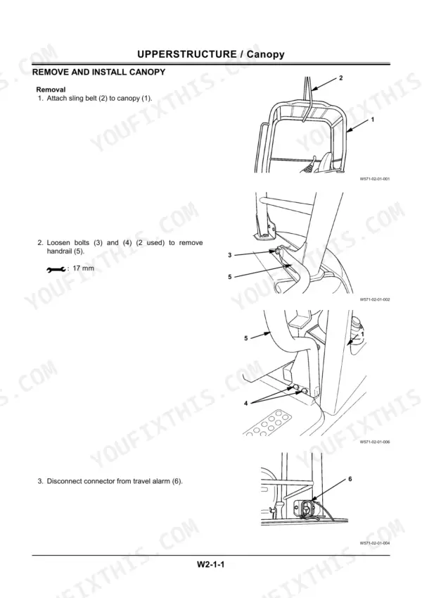 Hitachi EX27u, 35u canopy removal procedure, showing handrail bolt locations and travel alarm connector disconnection.