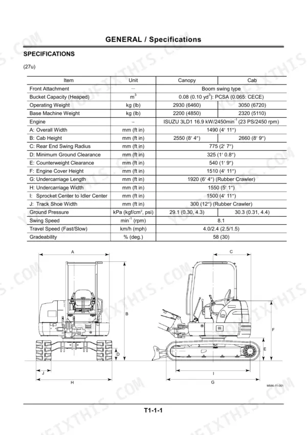 Hitachi EX27u, 35u general specifications table and dimensional diagram for excavator operating weight, engine, and dimensions.