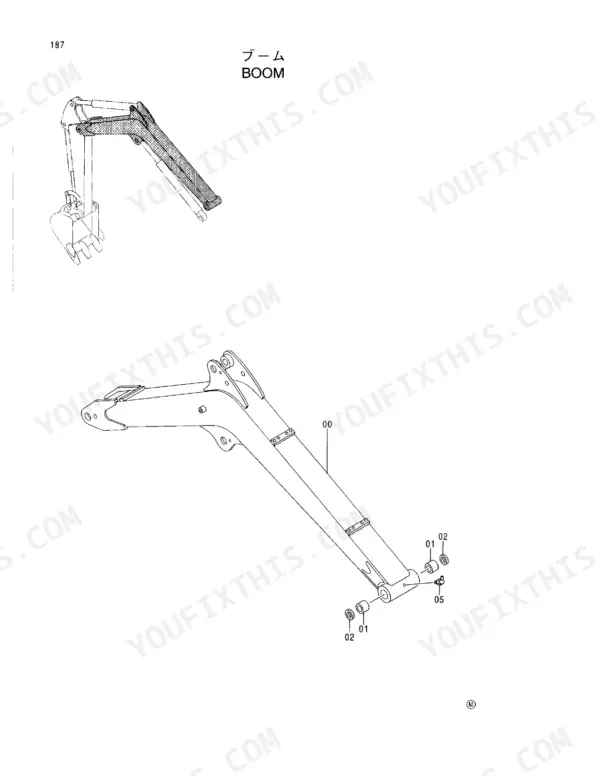 Hitachi EX27U exploded view diagram of the boom assembly, including bushings, seals, and grease fitting components.