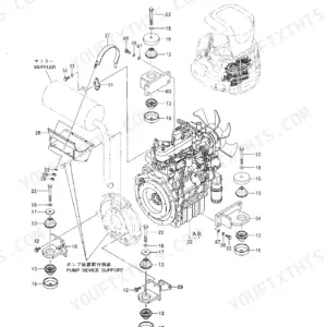 Hitachi EX27U exploded view of engine, muffler, and pump device support mounting components.