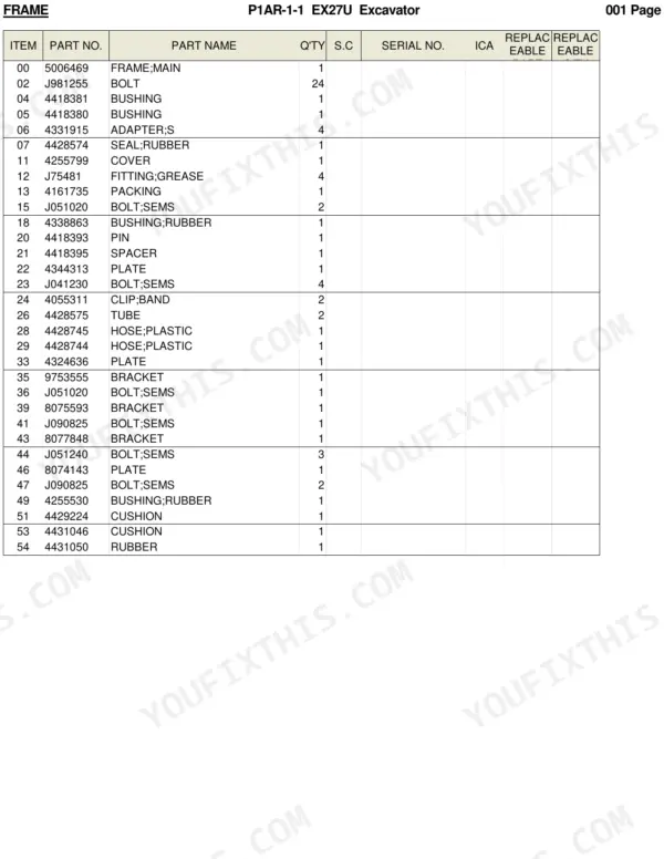 Hitachi EX27U excavator main frame parts list table with item numbers, part names, and quantities.