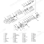 Hitachi EX27U to EX36UE exploded view diagram of the hydraulic pump device disassembly and parts list.